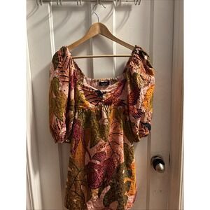 Kourt Green & Pink Floral Robbie Eyelet Puff Sleeve Mini Dress Womens Size Small